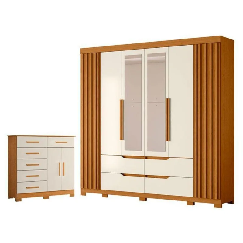 Kit Guarda Roupa Casal Doble 6 Portas com Espelho e Cômoda Xangai 6 Gavetas Cinamomo Off White