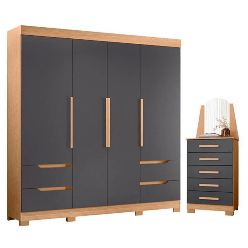 Guarda Roupa Solteiro e Cômoda Vivacce 4 Portas 5 Gavetas MDP com Espelho Freijo Titanium Albatroz