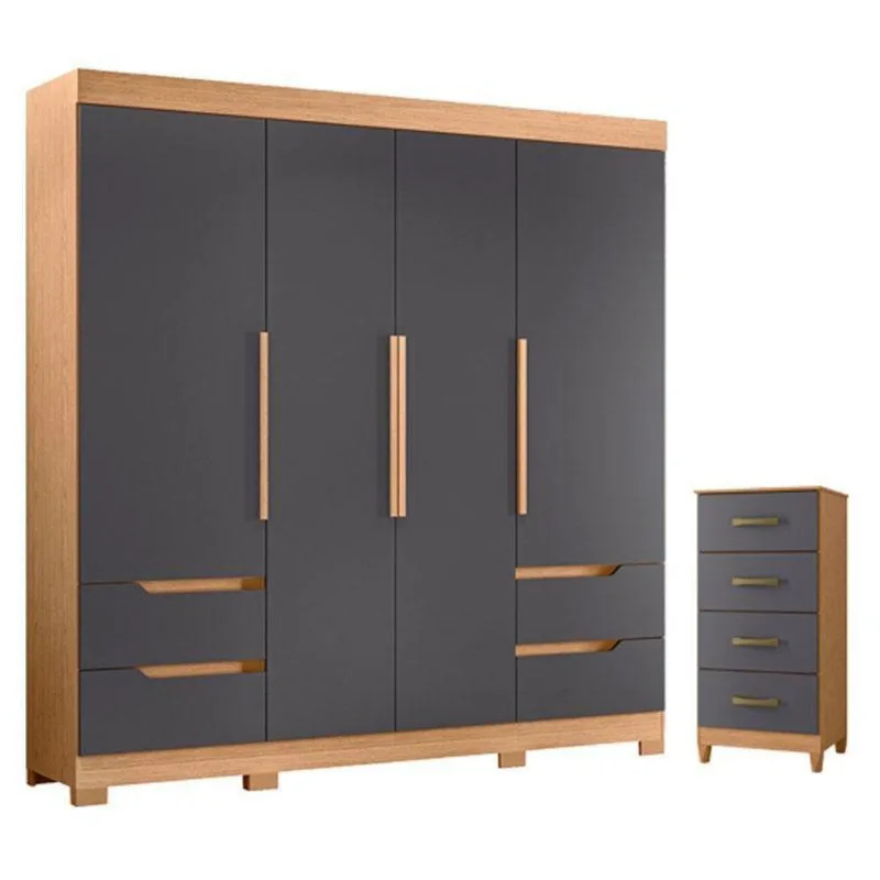 Guarda Roupa Solteiro Vivacce 4 Portas de Bater com Cômoda 4 Gavetas MDP Freijo Titanium 120CM