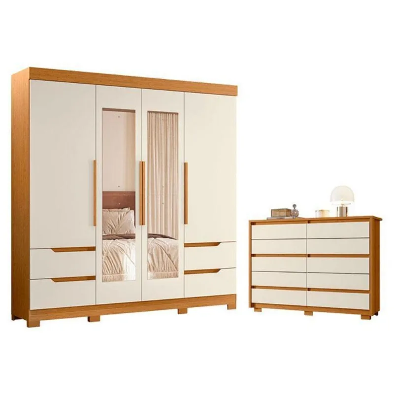 Guarda Roupa Solteiro com Cômoda Vivacce 4 Portas de Bater com Espelho e 10 Gavetas MDP Cinamomo Off