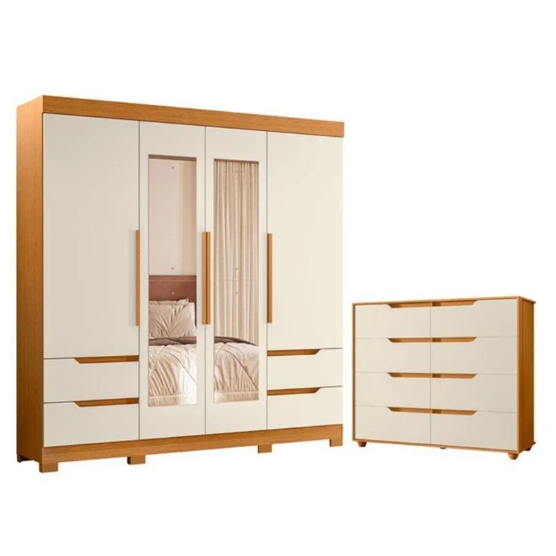 Guarda Roupa Solteiro Vivacce 4 Portas com Espelho e Cômoda Doble 8 Gavetas MDP Cinamomo Off White