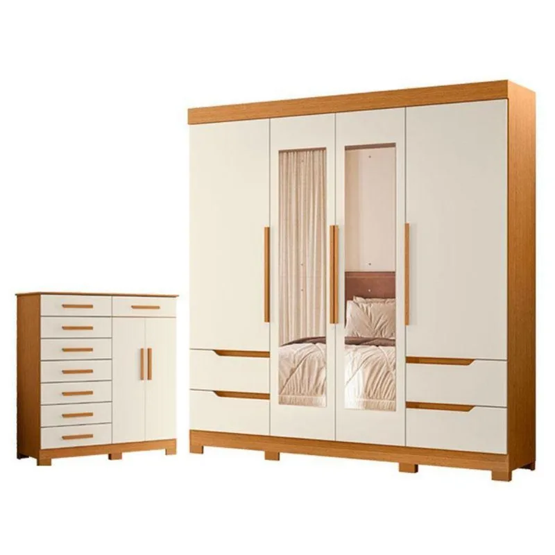 Guarda Roupa Solteiro Vivacce 4 Portas de Bater com Cômoda Verona 8 Gavetas MDP Cinamomo Off White