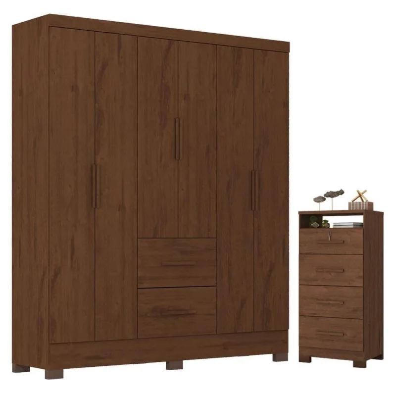 Guarda Roupa Casal e Cômoda Primordial Max 6 Portas de Bater 4 Gavetas MDP Jacarandá Fosco Zanzini - OUTRAS - Agro