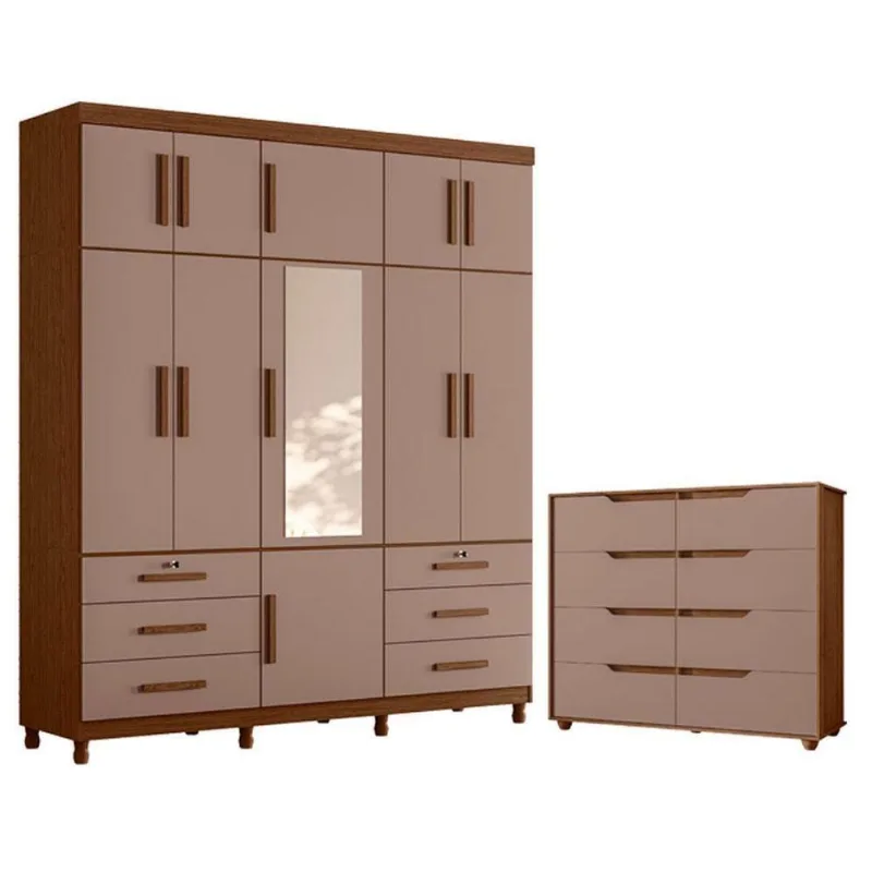 Guarda Roupa Casal com Cômoda Triton Plus 11 Portas de Bater 8 Gavetas MDP Nogueira Capuccino
