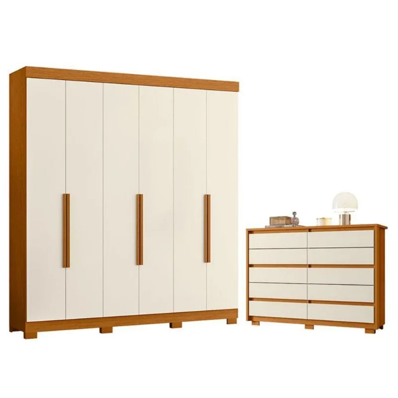 Guarda Roupa Casal e Cômoda Vinci 6 Portas 10 Gavetas MDP Cinamomo Off White Albatroz Móveis