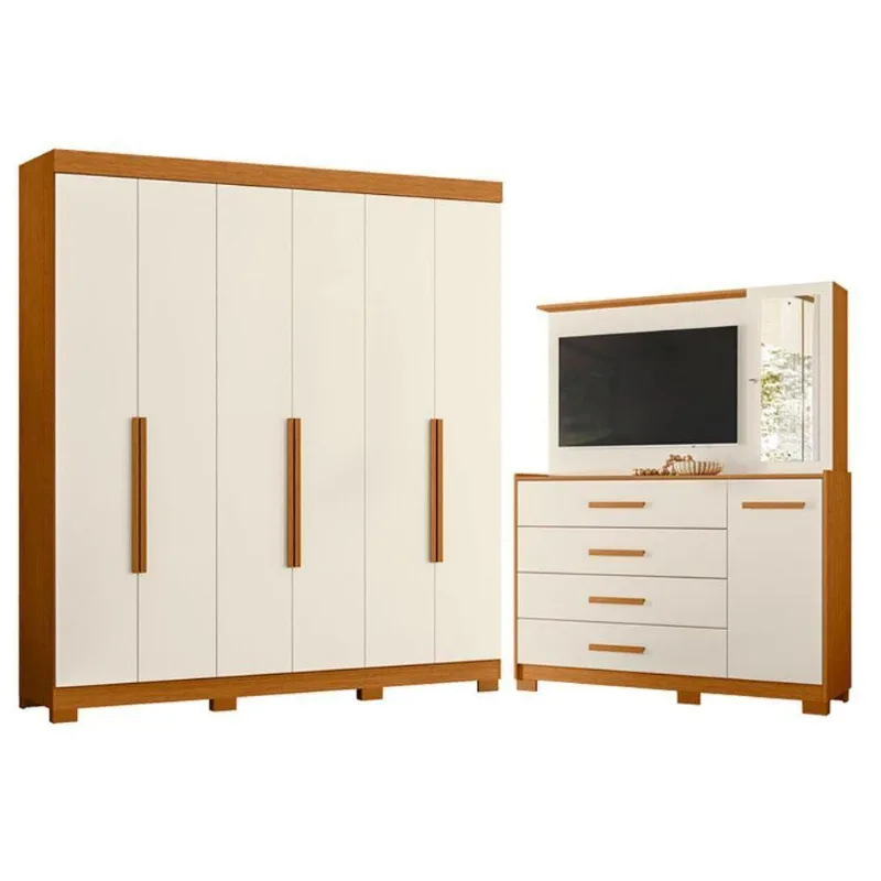 Guarda Roupa Casal Vinci 6 Portas de Bater 7 Gavetas MDP Cômoda Ilhabela Cinamomo Off White Albatroz