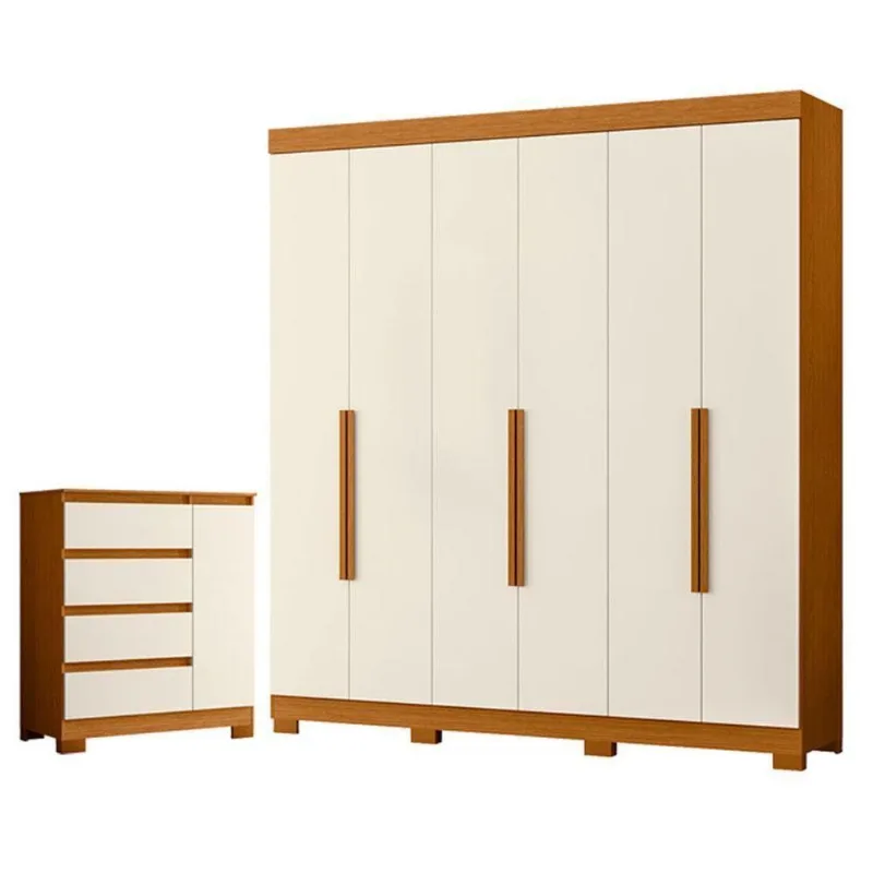 Guarda Roupa Casal Vinci 6 Portas de Bater 3 Gavetas MDP Cinamomo Off White com Cômoda Sapateira