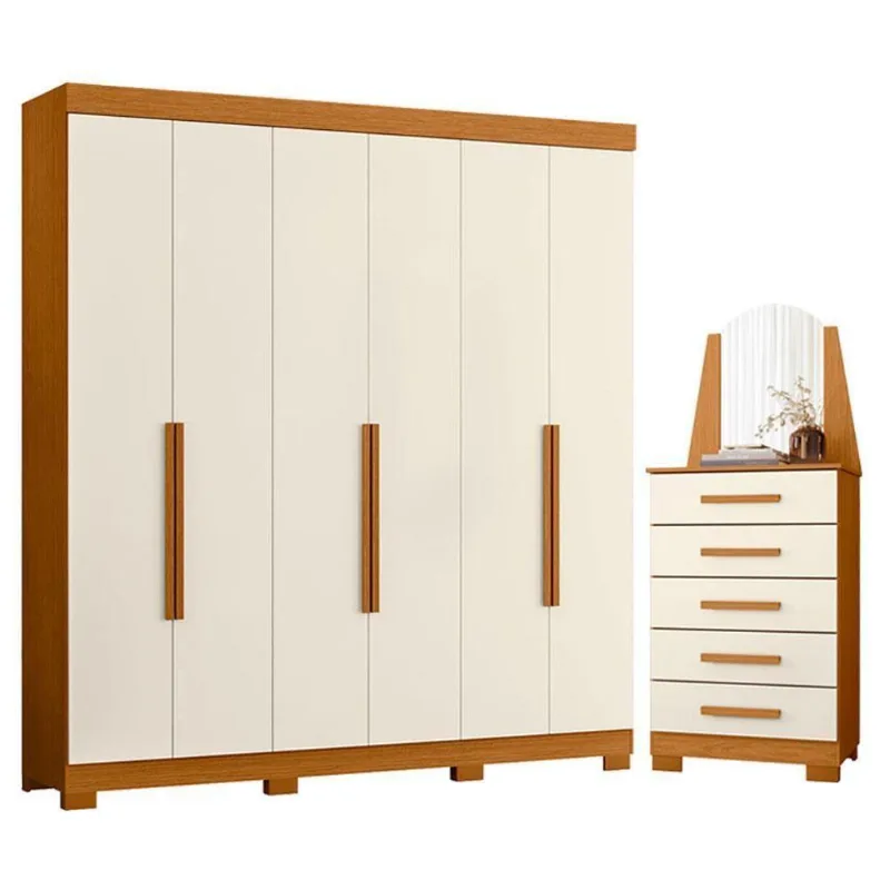 Guarda Roupa Casal Vinci 6 Portas de Bater 5 Gavetas MDP Cinamomo Off White com Cômoda Albatroz