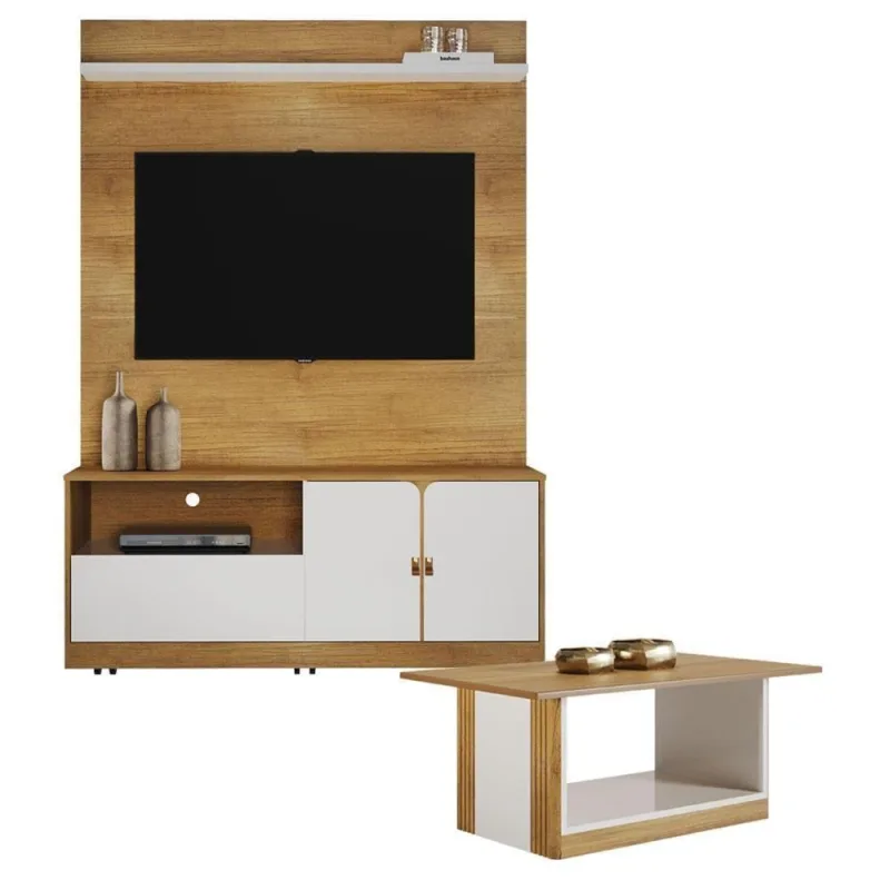 Home Theater Monza sem Porta 1 Prateleira MDP-MDF 130CM Off White Valdemóveis com Mesa de Centro - VALDEMOVEIS