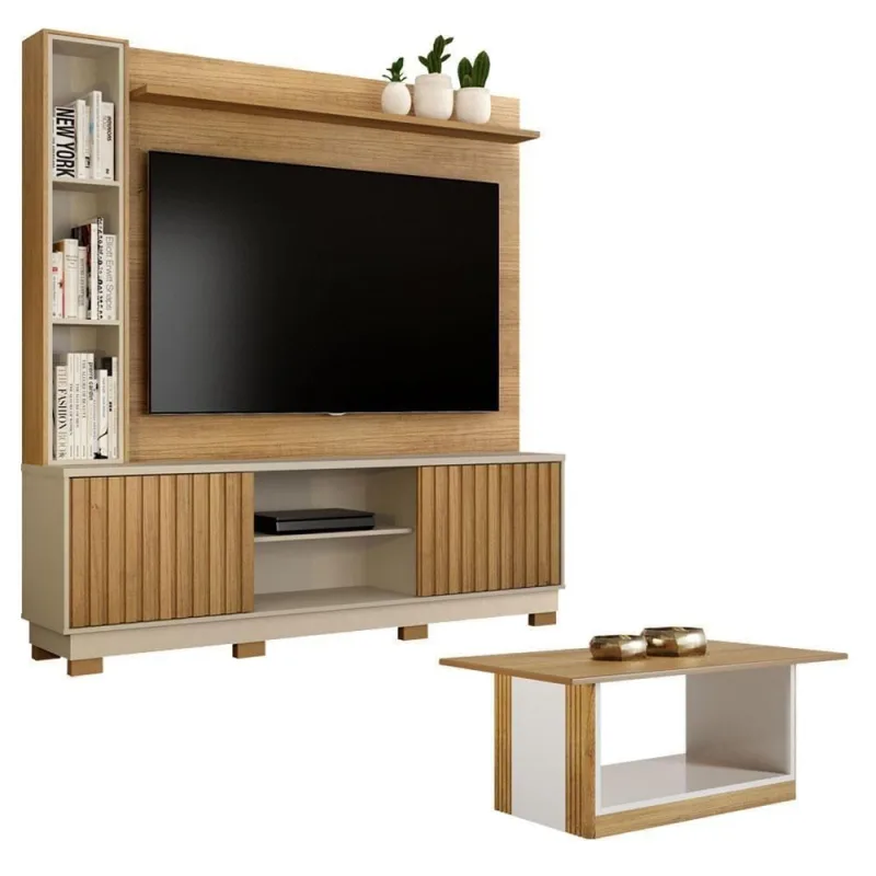 Home Theater Montenegro 2 Portas 3 Prateleiras MDF MDP 190CM Cinamomo Off White com Mesa Centro - VALDEMOVEIS