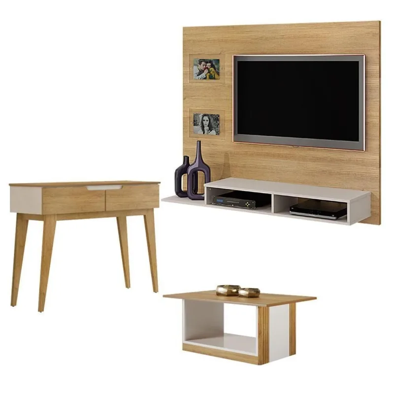Painel para Tv Hades com Aparador e Mesa de Centro 2 Portas 1 Prateleira MDP-MDF Cinamomo Off White - VALDEMOVEIS