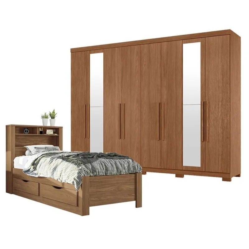 Guarda Roupa Casal Master New 8 Portas 4 Gavetas MDP com Espelho e Pés Cama Solteiro Jatobá Santos - Santos Andira - Agro