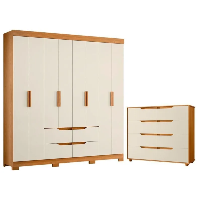 Guarda Roupa Casal e Cômoda Doble 8 Portas 8 Gavetas MDP 180CM Off White e Cinamomo Albatroz - OUTRAS MARCAS - Agro