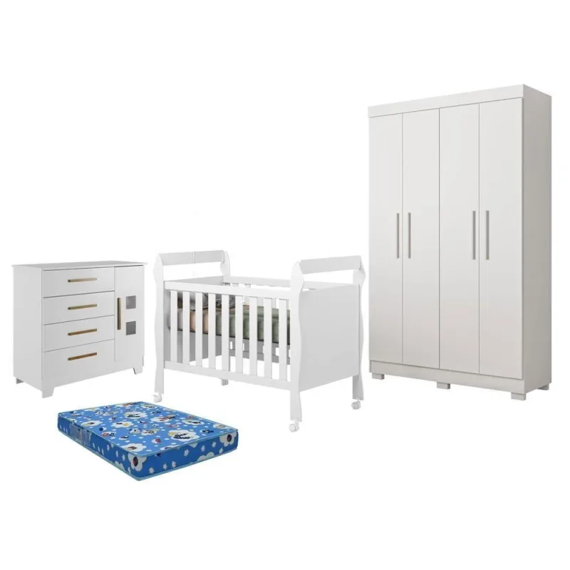 Conjunto de Quarto Infantil Florida Fly Soninho 4 Portas 3 Gavetas MDF Branco Acetinado Tigus Móveis - OUTRAS - Móveis