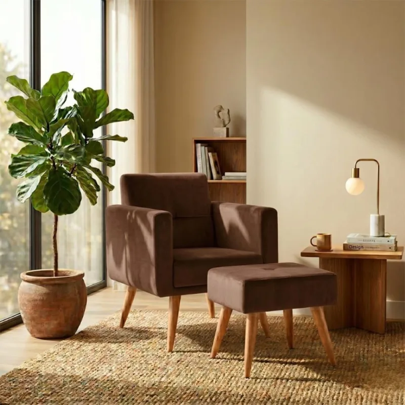 Poltrona Decorativa Pequim com Puff Veludo Marrom para Sala de Estar Matrix - Matrix - Móveis
