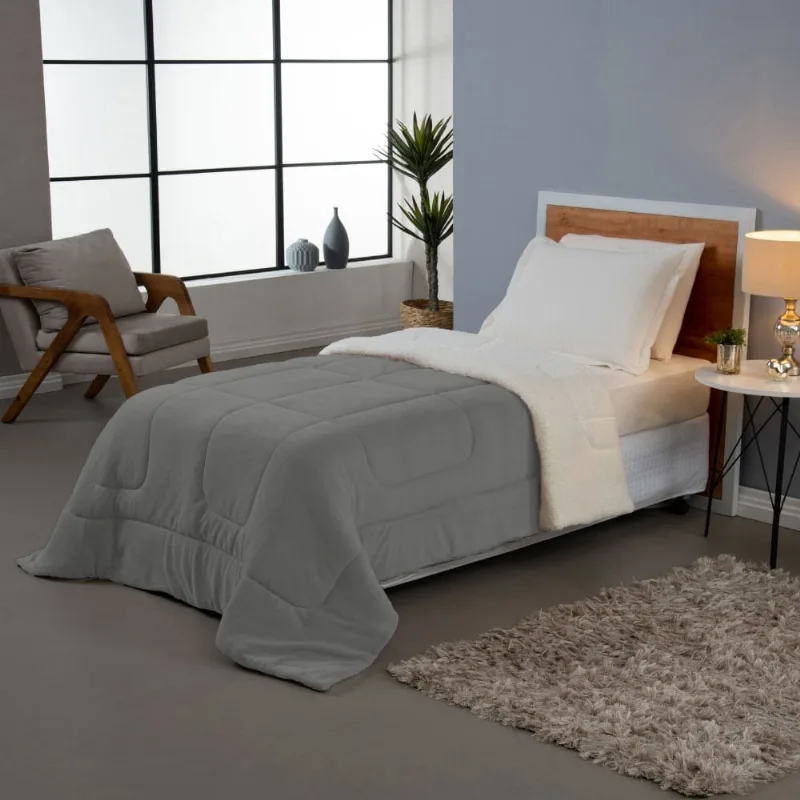 Coberdrom Cobertor Solteiro Soft Sherpa de Carneiro Cinza - Home Fernandes