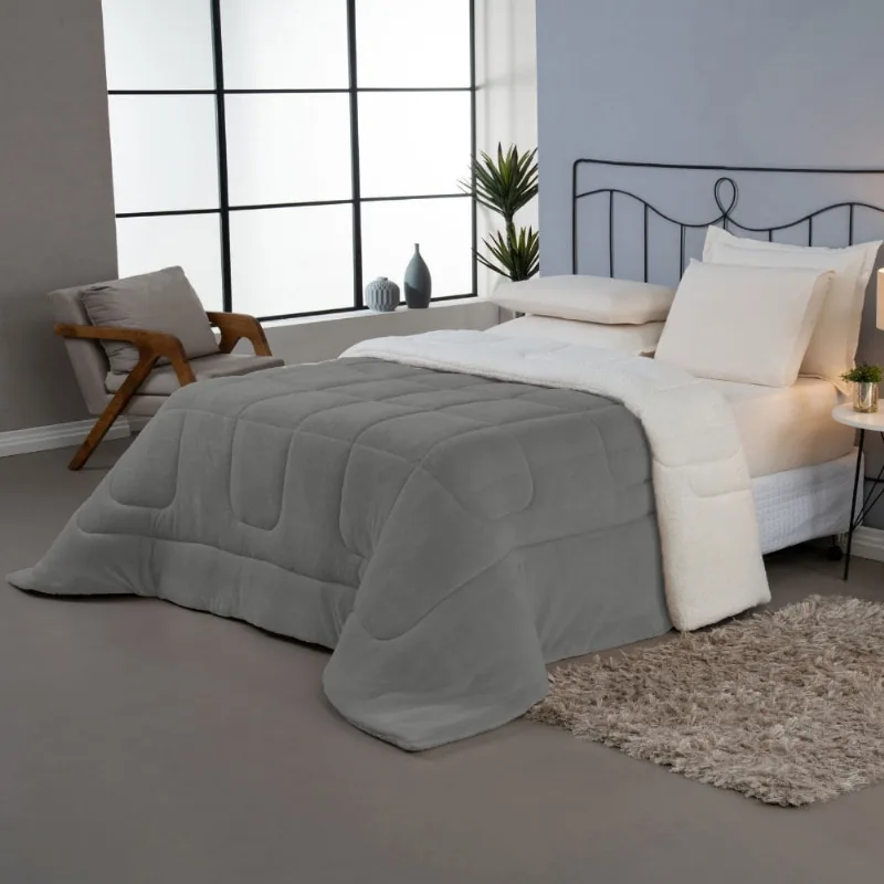 Coberdrom Cobertor Casal Soft Sherpa de Carneiro Cinza - Home Fernandes - Cama, Mesa E Banho
