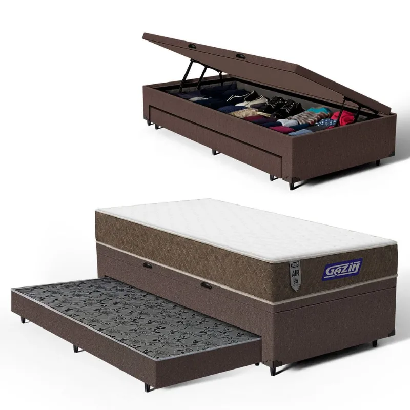 Cama Box Baú com Colchão Gazin de Molas Ensacadas One Face Air Light + Auxiliar de Espuma Solteiro 88cm