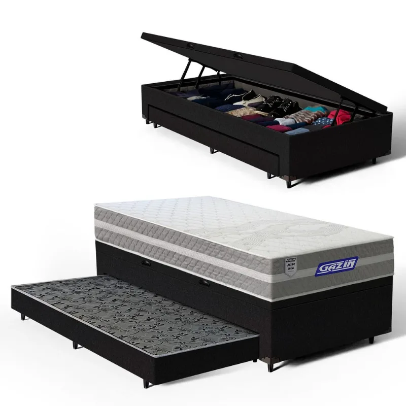 Cama Box Baú com Colchão Gazin de Molas Ensacadas One Face Air Up + Auxiliar de Espuma Solteiro 88cm