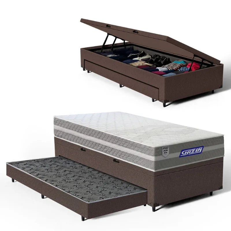 Cama Box Baú com Colchão Gazin de Molas Ensacadas One Face Air Up + Auxiliar de Espuma Solteiro 88cm