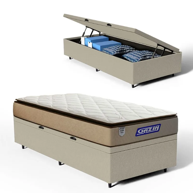 Cama Box Baú com Colchão Gazin de Molas Ensacadas Pillow Top Air Pro Solteiro 88cm