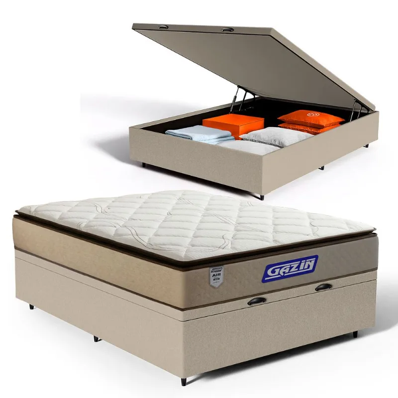 Cama Box Baú com Colchão Gazin de Molas Ensacadas Pillow Top Air Pro Casal 138cm