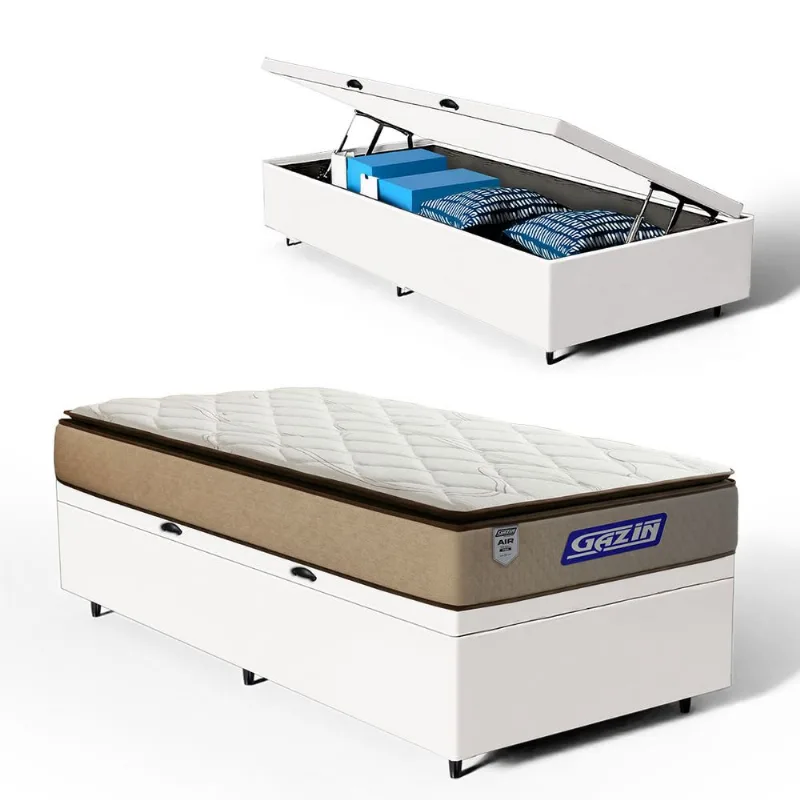 Cama Box Baú com Colchão Gazin de Molas Ensacadas Pillow Top Air Pro Solteiro 88cm