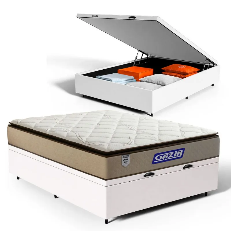 Cama Box Baú com Colchão Gazin de Molas Ensacadas Pillow Top Air Pro Casal 138cm