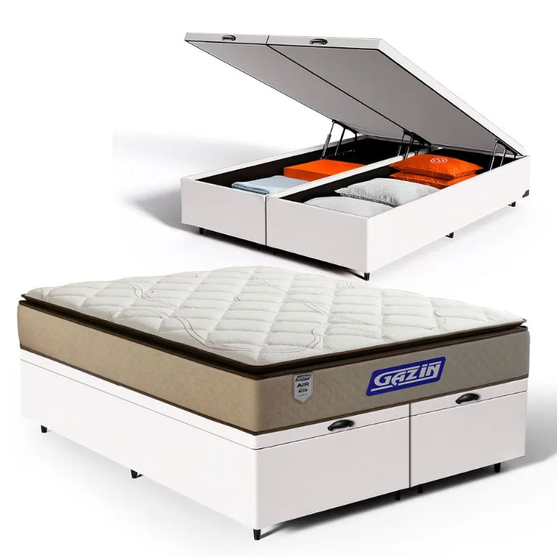 Cama Box Baú com Colchão Gazin de Molas Ensacadas Pillow Top Air Pro Queen 158cm