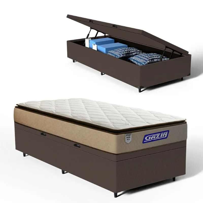 Cama Box Baú com Colchão Gazin de Molas Ensacadas Pillow Top Air Pro Solteiro 88cm