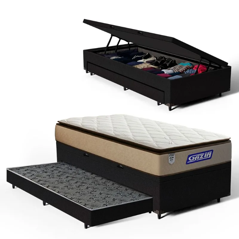 Cama Box Baú com Colchão Gazin de Molas Ensacadas Pillow Top Air Pro + Auxiliar de Espuma Solteiro 88cm