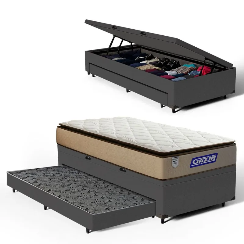 Cama Box Baú com Colchão Gazin de Molas Ensacadas Pillow Top Air Pro + Auxiliar de Espuma Solteiro 88cm