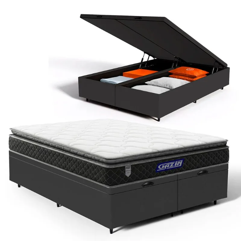 Cama Box Baú com Colchão Gazin de Espuma D28 Pillow Top Ortoblack Queen 158cm