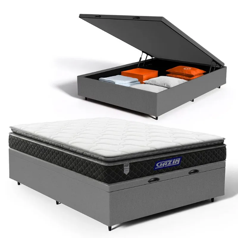 Cama Box Baú com Colchão Gazin de Espuma D28 Pillow Top Ortoblack Casal 138cm