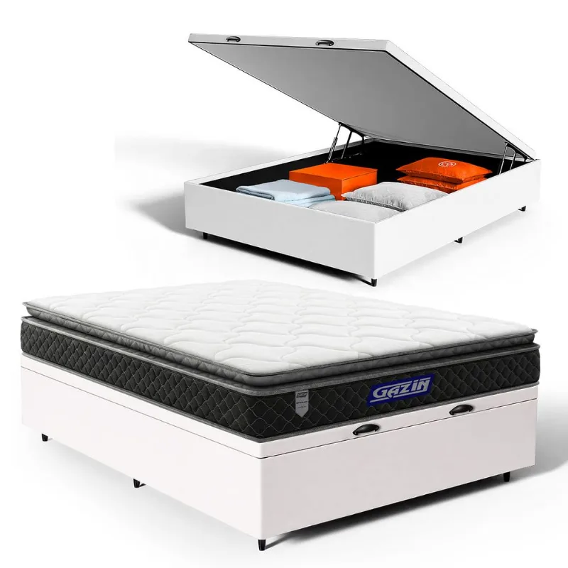 Cama Box Baú com Colchão Gazin de Espuma D28 Pillow Top Ortoblack Casal 138cm