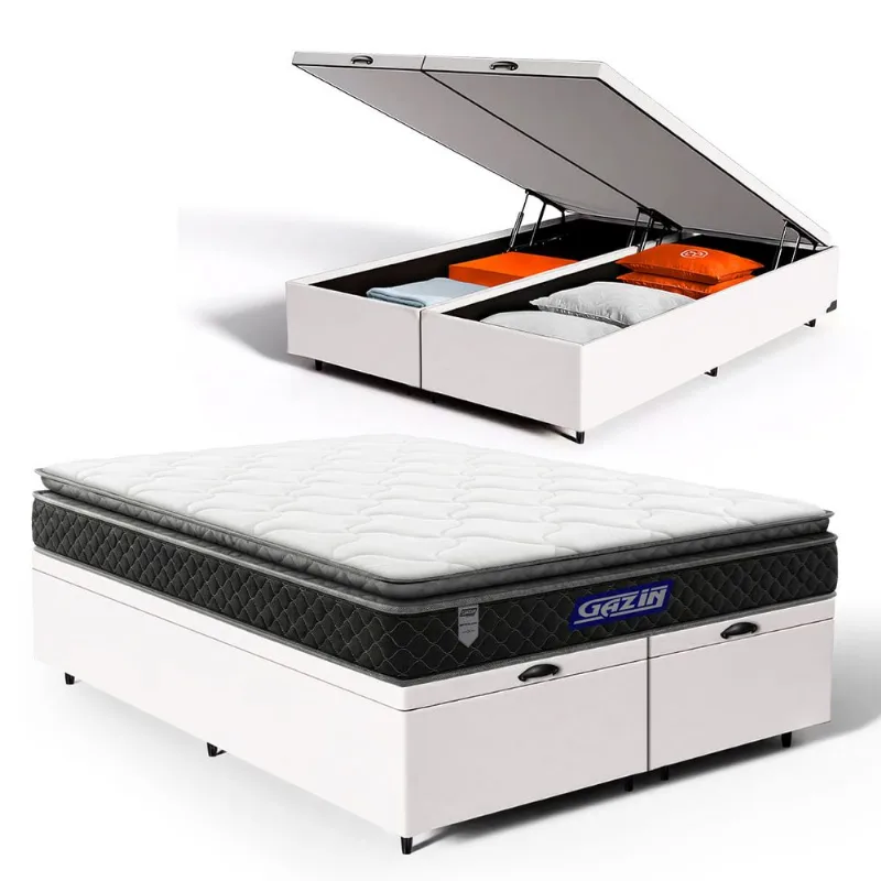 Cama Box Baú com Colchão Gazin de Espuma D28 Pillow Top Ortoblack Queen 158cm