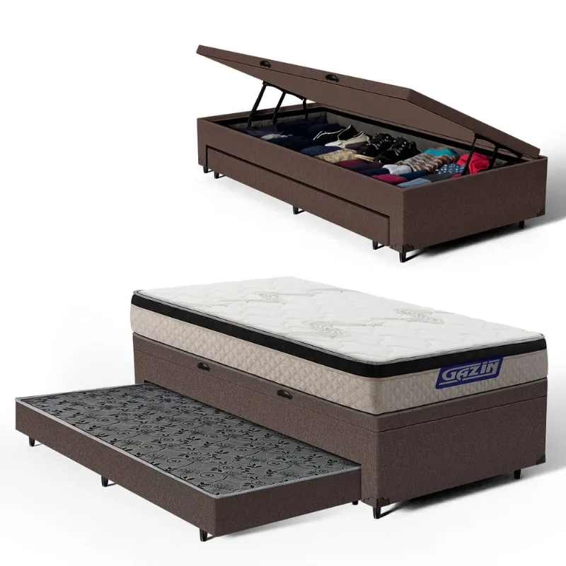 Cama Box Baú com Colchão Gazin de Espuma D33 Pillow In Force MID + Auxiliar de Espuma Solteiro 88cm