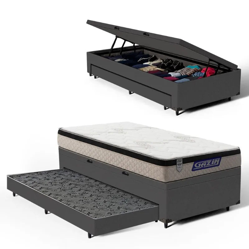 Cama Box Baú com Colchão Gazin de Espuma D33 Pillow In Force MID + Auxiliar de Espuma Solteiro 88cm