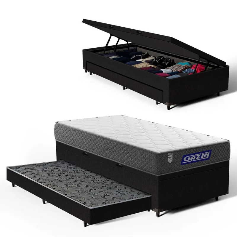 Cama Box Baú com Colchão Gazin de Espuma D60 Double Face Force UP + Auxiliar de Espuma Solteiro 88cm