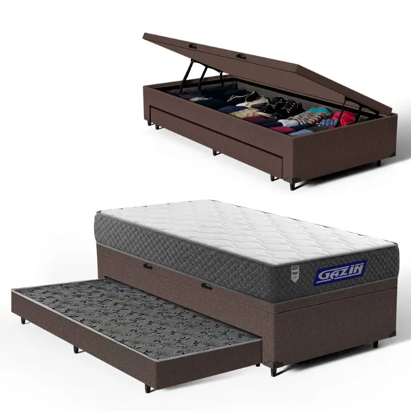 Cama Box Baú com Colchão Gazin de Espuma D60 Double Face Force UP + Auxiliar de Espuma Solteiro 88cm