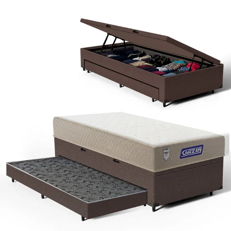Cama Box Baú com Colchão Gazin de Espuma D60 Double Face Force PLUS + Auxiliar de Espuma Solteiro 88cm