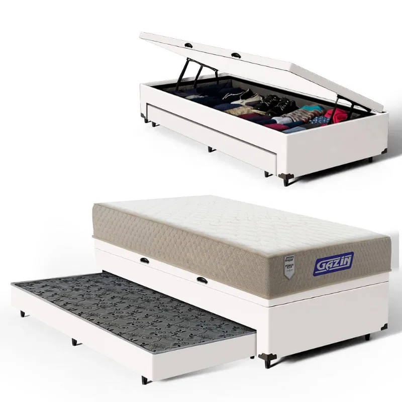 Cama Box Baú com Colchão Gazin de Espuma D60 Double Face Force PLUS + Auxiliar de Espuma Solteiro 88cm