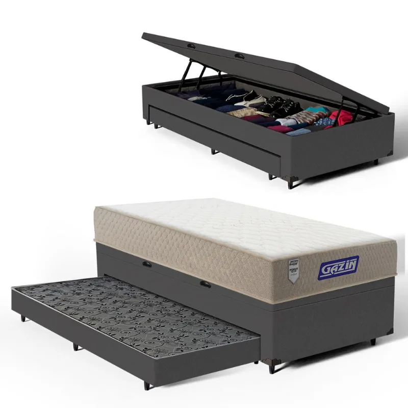 Cama Box Baú com Colchão Gazin de Espuma D60 Double Face Force PLUS + Auxiliar de Espuma Solteiro 88cm