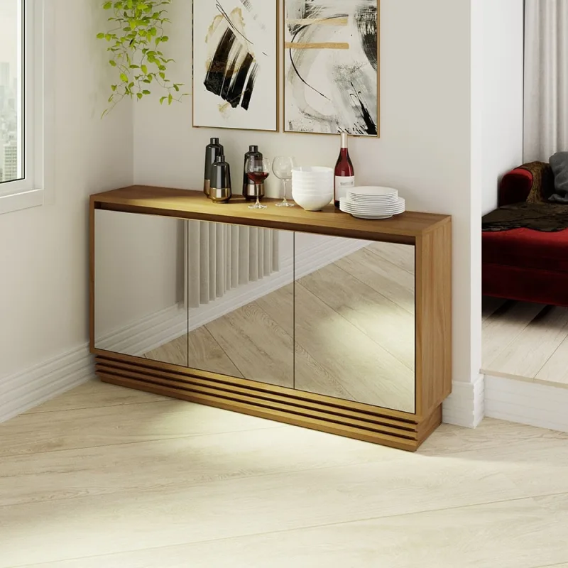 Buffet Aparador Sala de Jantar 160cm 3 Portas com Espelho Liana Amêndoa T02-D'Rossi - DRossi
