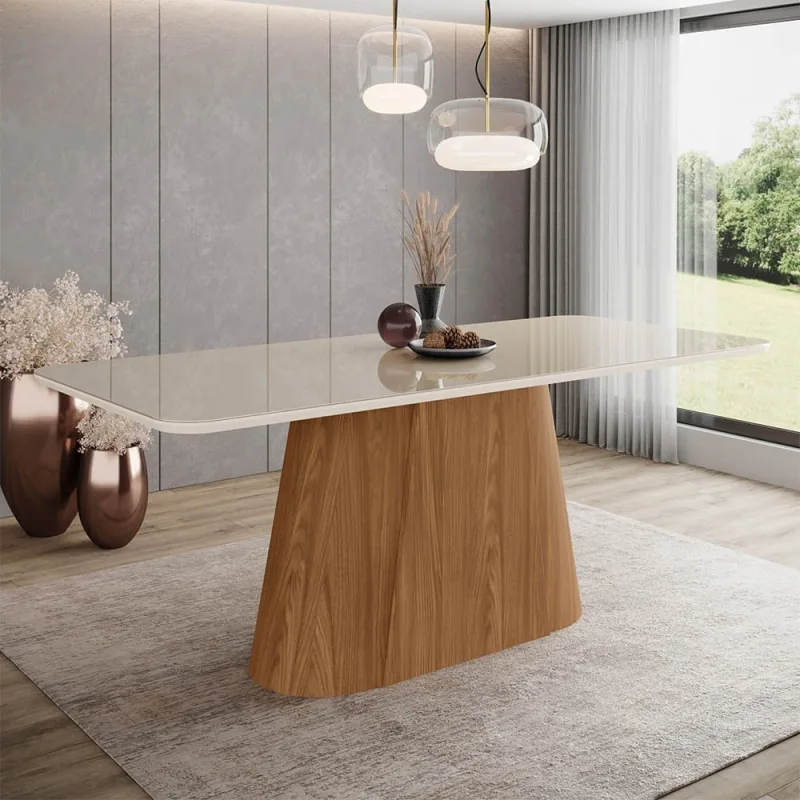 Mesa de Jantar Tampo Vidro 200cm 8 Lugares Canto Curvo Melina H02 - D'Rossi Nature/Off White - DRossi