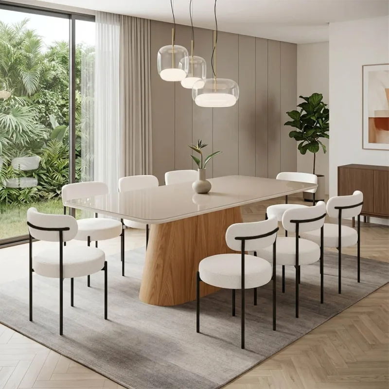 Mesa Jantar Vidro 200cm Off kit 8 Cadeiras Aço Preto Boucle Ted H02 - D'Rossi - DRossi
