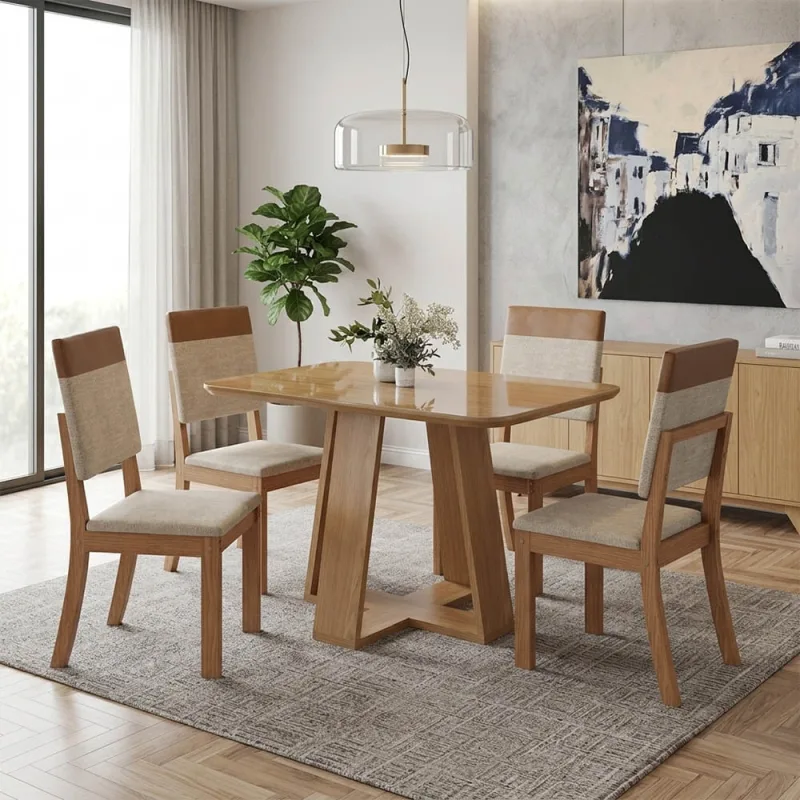 Mesa Jantar Vidro 120cm kit 4 Cadeiras Base em Madeira Caramelo/Creme H02 - D'Rossi - DRossi