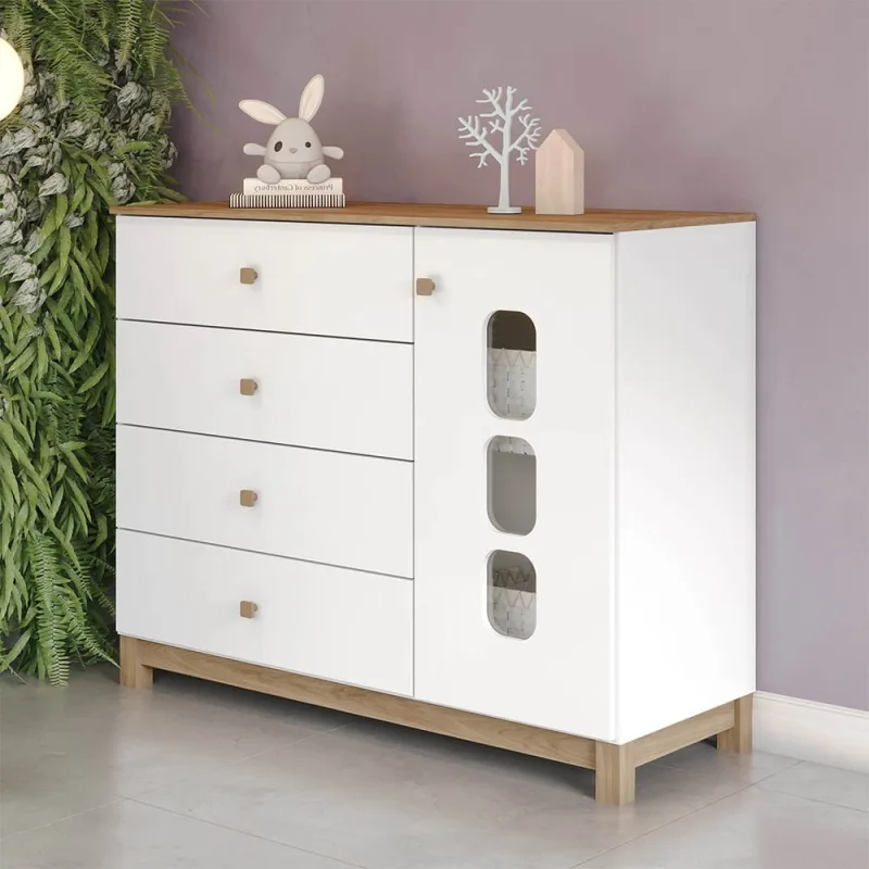 Cômoda Quarto Infantil 127cm 1 Porta 4 Gavetas Detalhe em Vidro Vanila Branco H02 - D'Rossi - DRossi