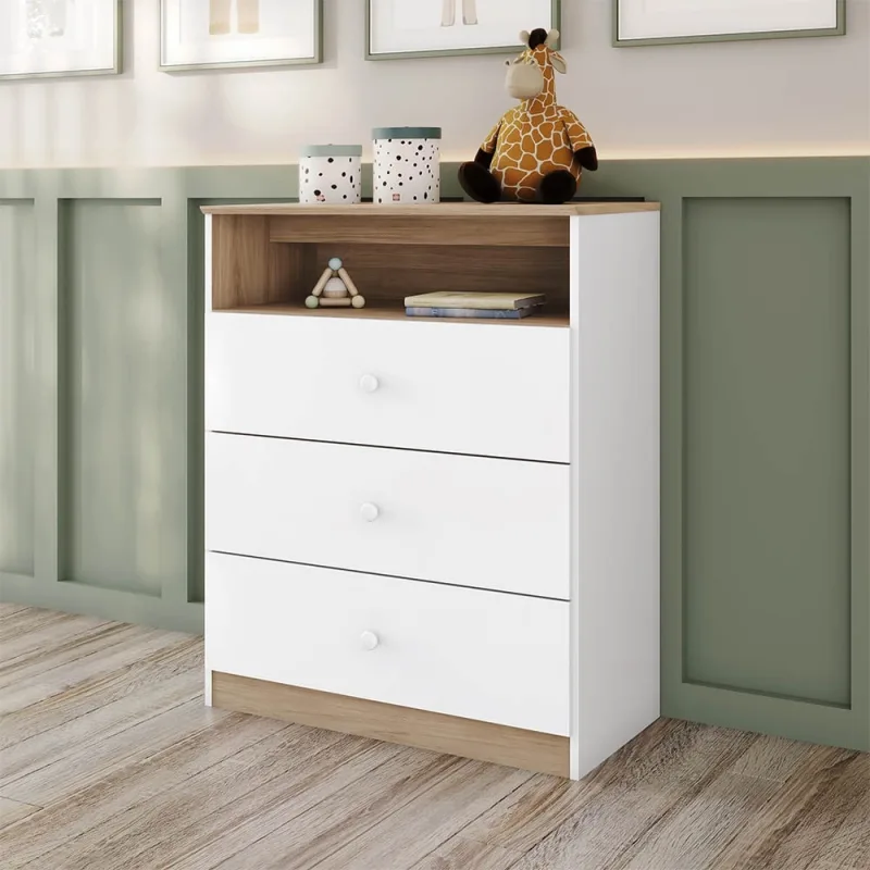 Cômoda Quarto Infantil 75cm 3 Gavetas e Nicho Rainbow Branco/Jequitibá H02 - D'Rossi - DRossi