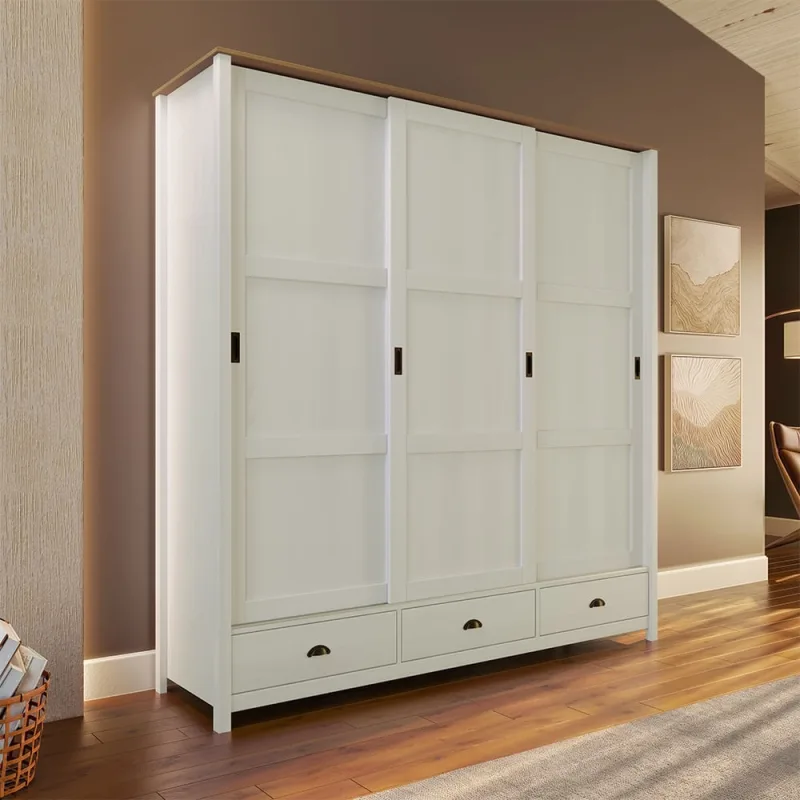 Guarda Roupa Madeira Maciça 195cm 3 Portas Deslizantes 3 Gavetas Provenza F07- D'Rossi - DRossi
